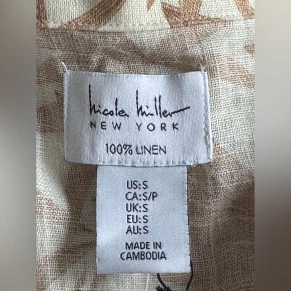 Nicole Miller Linen Leaf Print Button-Up Shirt - Cream and Tan small - Picture 7 of 7
